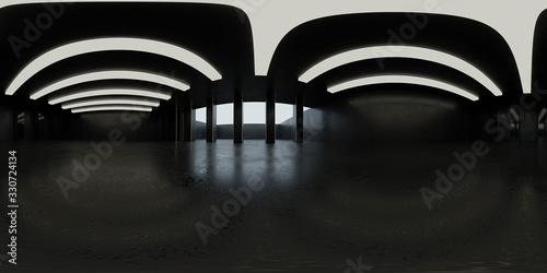 Full 360 degree equirectangular panorama hdri of dark industrial grunge building interior 3d render illustration