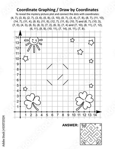 Coordinate graphing, or draw by coordinates, math worksheet with St Patrick's Day mystery picture of celtic design. Answer included.
