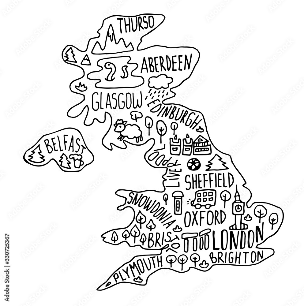 Hand drawn doodle Great Britain map. England city names lettering and cartoon landmarks, tourist attractions cliparts.