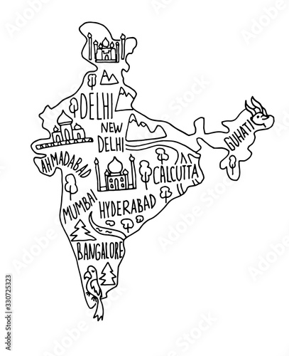 Hand drawn doodle India map. India city names lettering and cartoon landmarks, tourist attractions cliparts.