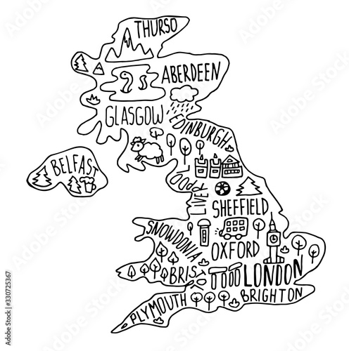 Hand drawn doodle Great Britain map. England city names lettering and cartoon landmarks, tourist attractions cliparts.