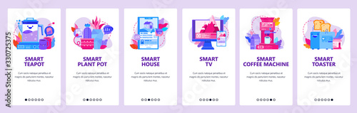 Smart home appliances and devices. House remote control by mobile phone. Smart coffee machine. Mobile app onboarding screens. Vector banner template for website development. Web design illustration
