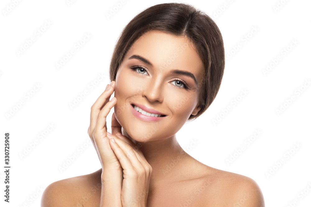 Portrait of young beautiful woman on white background