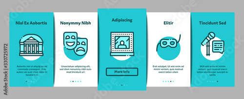 Theatre Equipment Onboarding Mobile App Page Screen Vector. Theatre Ticket And Binoculars, Mask And Microphone, Curtain And Seats, Building And Hat Color Contour Illustrations