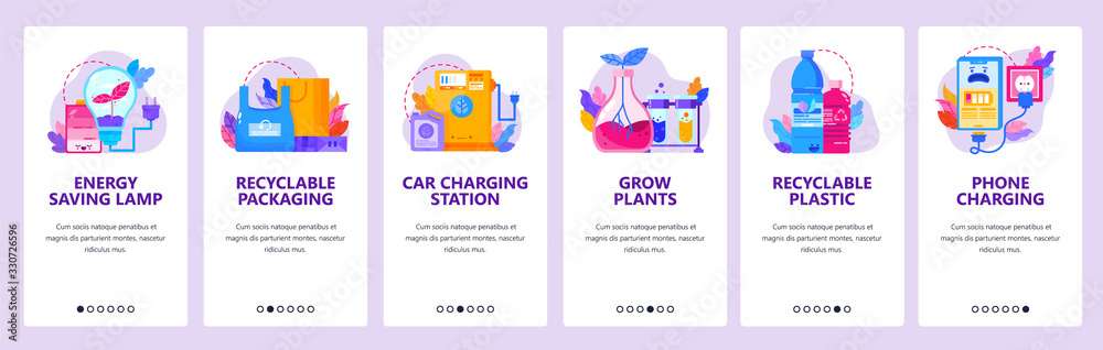 Recycle plastic. Energy saving electric lamp, phone and car charging, green power. Mobile app onboarding screens. Vector banner template for website mobile development. Web site design illustration