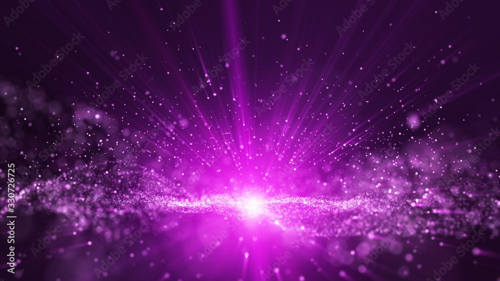 Animation of digital purple dust particles and light ray beam, Small sphere particle line rise up.