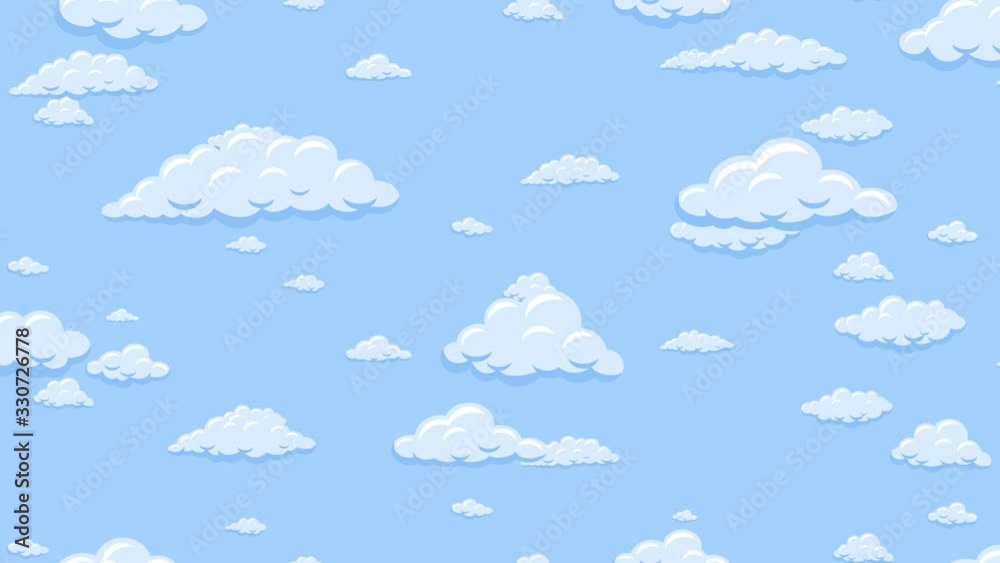 Cartoon clouds floating down vertically on the blue sky background. Seamless looping animation. Cartoon clouds floating down vertically on the blue sky background. Seamless looping animation.