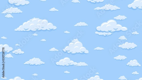 Cartoon clouds floating down vertically on the blue sky background. Seamless looping animation.