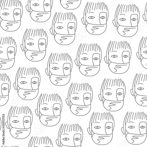 Seamless pattern doodle sketch with people in medical face masks with protest signs. Coronavirus 2019-nCoV Concept of COVID-19 quarantine vector illustration