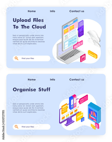 Online cloud office. Upload files to cloud storage technology. Business 3d concept Vector web site design template. Landing page website illustration.