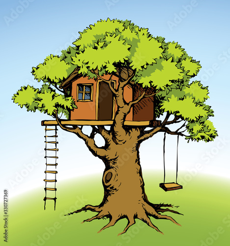 Wooden tree house. Vector drawing