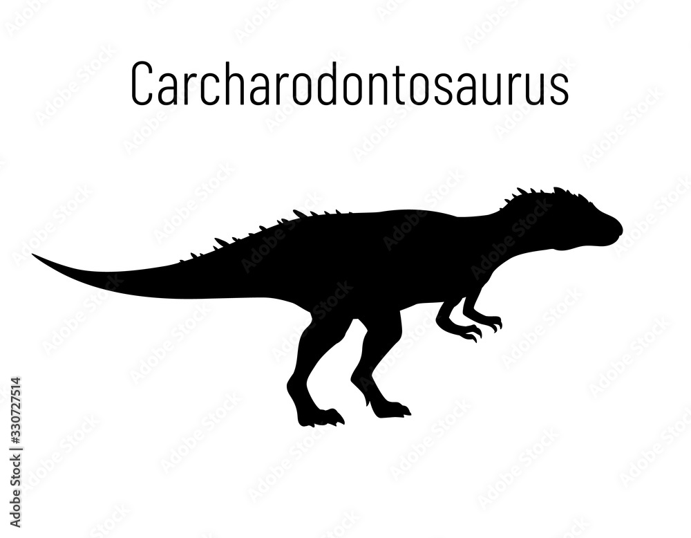 Carcharodontosaurus. Theropoda dinosaur. Monochrome vector illustration of silhouette of prehistoric creature carcharodontosaurus isolated on white background. Stencil. Fossil dinosaur.
