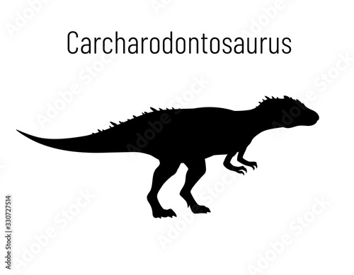 Fototapeta Naklejka Na Ścianę i Meble -  Carcharodontosaurus. Theropoda dinosaur. Monochrome vector illustration of silhouette of prehistoric creature carcharodontosaurus isolated on white background. Stencil. Fossil dinosaur.