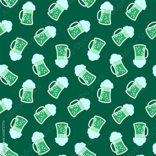 St. Patrick's Day background. Seamless pattern of mugs with green ale on dark background. Illustration in flat style. Vector 8 EPS.