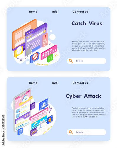 Virus attack and cyber security. Fraud and ransom malware. Cloud storage attack and hack. Computer technology. Vector web site design template. Landing page website concept isometric illustration.