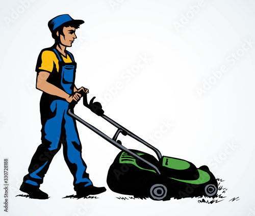 The man mows the grass. Vector drawing