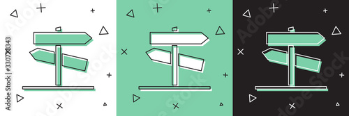 Set Road traffic sign. Signpost icon isolated on white and green, black background. Pointer symbol. Street information sign. Direction sign. Vector Illustration