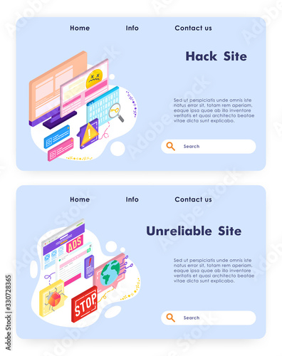 Website hacking attack. Cyber security technology. Unreliable site, computer bug. Vector web site design template. Landing page website concept isometric illustration.