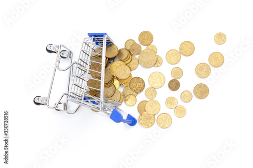 fallen shopping cart with coins fallen on a white background. isolate, top view