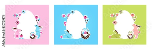 Easter cards set with eggs shapes, flowers, bunnies in cartoon geometric style on colorful backgrounds. Vector Illustration