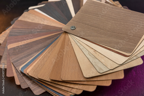 Sampler furniture material dor design or decoration interior. Wood color catalog as texture or pattern. Floor plank for industry.