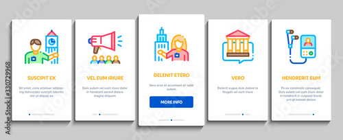 Guide Lead Traveler Onboarding Mobile App Page Screen Vector. Bus And Media Player Guide, Badge And Loudspeaker, Speak And Show Landmark Tourism Color Contour Illustrations