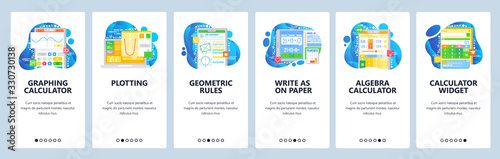 Graphing calculator, math equation, geometry figures, algebra calculator, plotting. Mobile app onboarding screens. Vector banner template for website mobile development. Web site design illustration