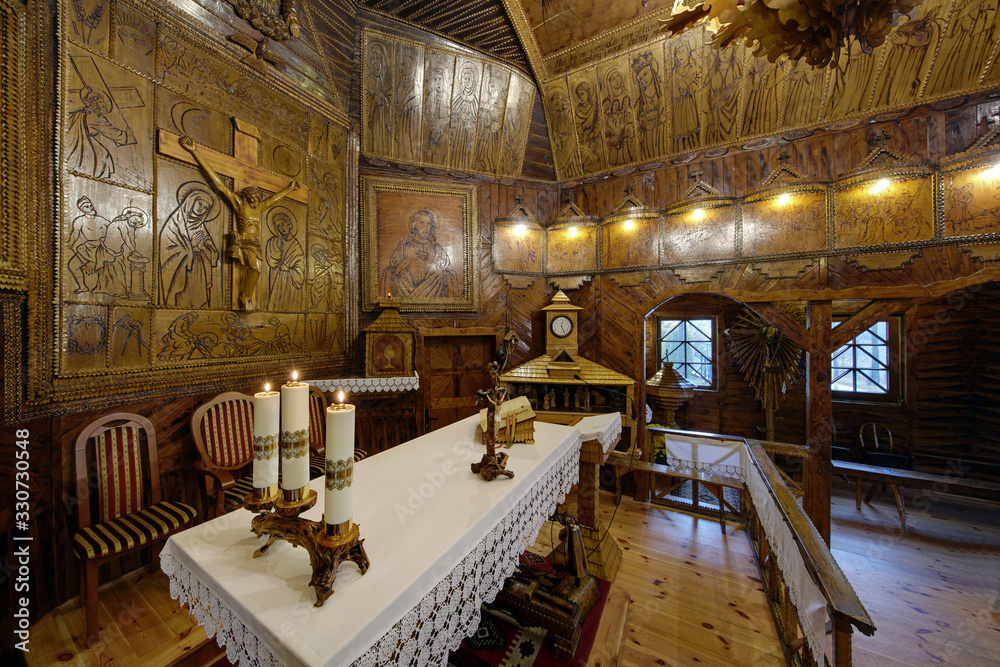 Beautiful wooden church interior, Laliki , Poland Beautiful wooden church interior, Laliki , Poland