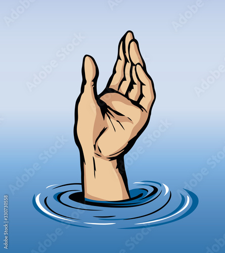 Hand pulls up. Vector drawing.