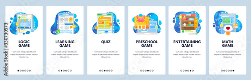 Smart brain mobile phone games. Logic game, quiz, learning, kids development, math. App onboarding screens. Menu vector banner template for website mobile development. Web site design illustration