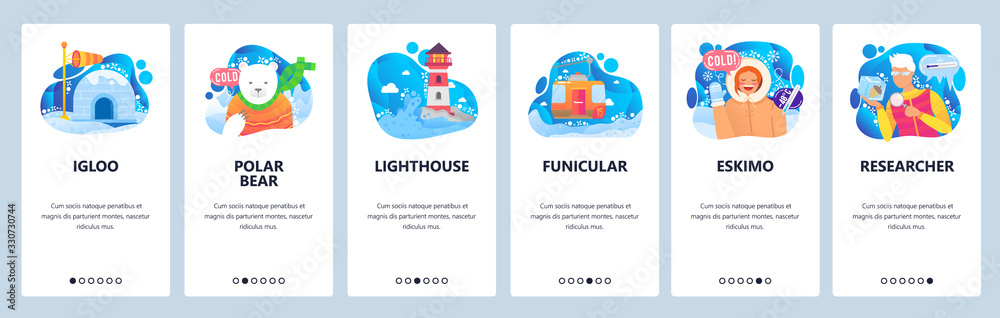 Arctica and Antarctica icons. Polar bear, winter snow and ice, igloo, eskimo, inuit girl. Mobile app screens. Vector banner template for website mobile development. Web site design illustration