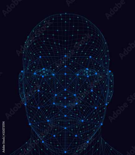 Wireframe of a male face with identification. Face recognition. Vector illustration