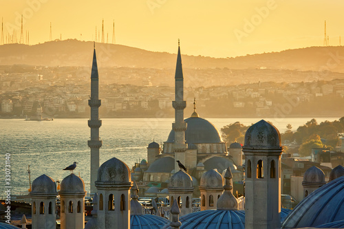 View from Suleymaniye mosque at sunrise. Istanbul, Turkey, popular travel destination. photo