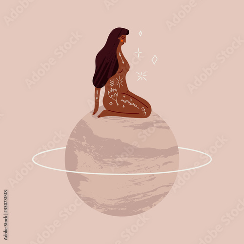 Girl sitting on Saturn poster. Modern abstract art print. Cosmic minimalistic scene. Vector illustration