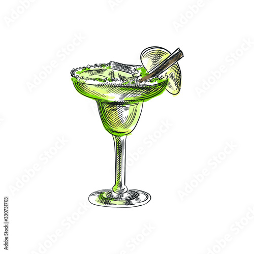 Colorful hand-drawn sketch of a green cocktail in a Margarita glass with an apple slice and a straw on a white ground. 