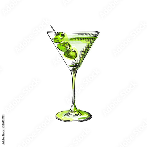 Colorful hand-drawn sketch of a Martini cocktail with green olives on a toothpick on a white ground. 