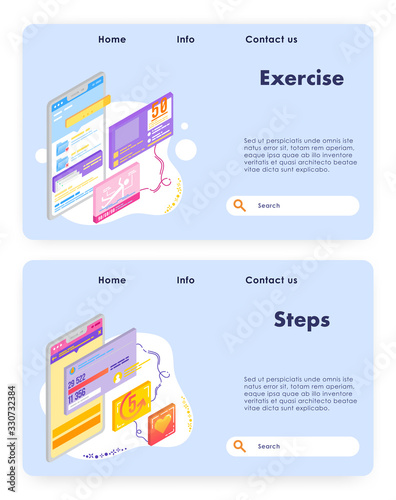 Healthy lifestyle and sport activity. Steps counter and exercise tracking technology. Vector web site design template. Landing page website concept illustration.