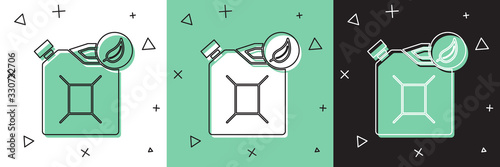 Set Bio fuel canister icon isolated on white and green, black background. Eco bio and barrel. Green environment and recycle. Vector Illustration