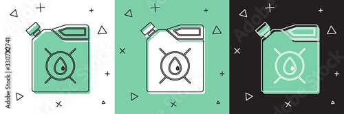 Set Canister for motor machine oil icon isolated on white and green, black background. Oil gallon. Oil change service and repair. Engine oil sign. Vector Illustration