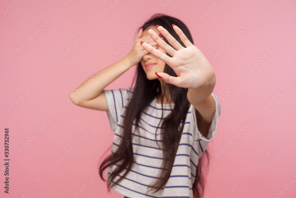 No! Don't want to watch! Portrait of displeased girl hiding eyes