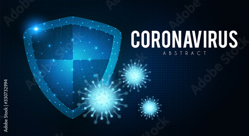 Coronavirus COVID-2019 on blue background. Virus 2019-nCoV cells. Heath security design with shining shield.
