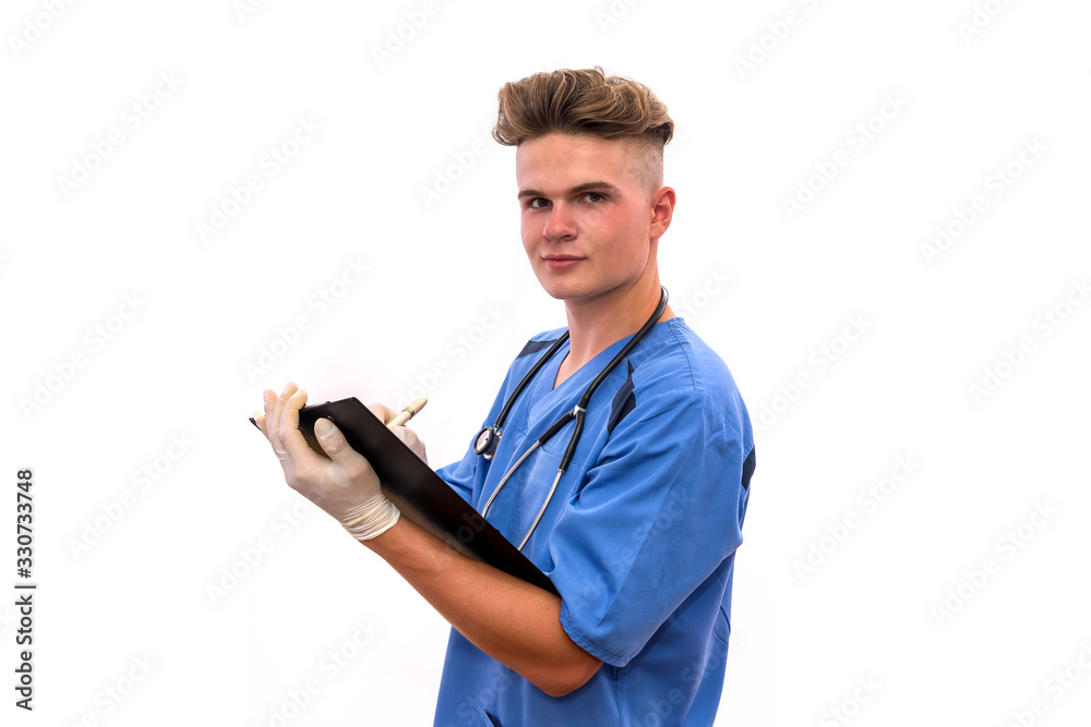 Young doctor with clipboard and pen isolated on white background Young doctor with clipboard and pen isolated on white background