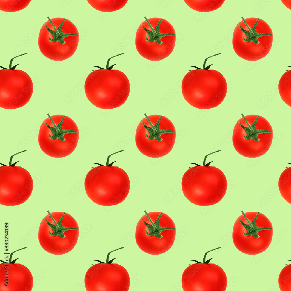Seamless pattern of cherry tomatoes on a green background. Minimal concept, isometric food texture. Seamless pattern of cherry tomatoes on a green background. Minimal concept, isometric food texture.
