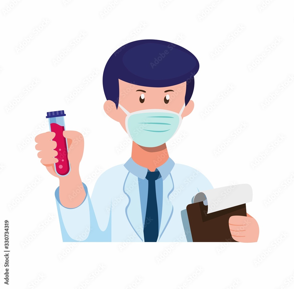 doctor research in blood sample patient in test tube. finding a cure for disease outbreak in cartoon flat illustration vector isolated in white background
