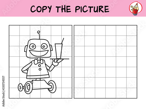 Robot waiter. Copy the picture. Coloring book. Educational game for children. Cartoon vector illustration