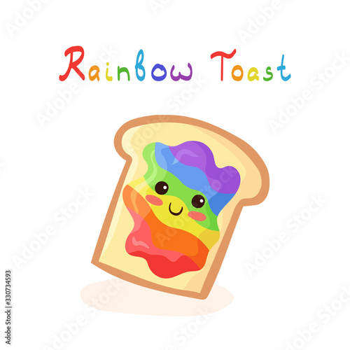 Cute flat cartoon style rainbow spread loaf bread sandwich vector illustration. Kawaii sandwich character with face & smile. Kids menu colorful design element with hand drawn Rainbow Toast lettering.