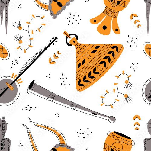 Seamless pattern with icons line style of African culture. Background and cute totem, horn, banjo, drum.