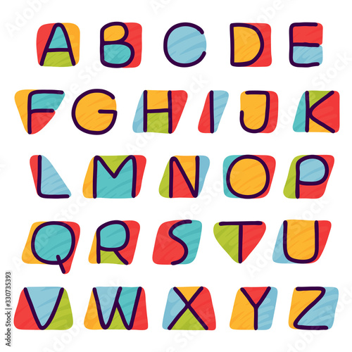 Alphabet in kids paper applique style.