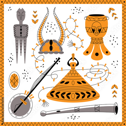 Set icons line style of African culture. Cute totem, horn, banjo, drum with decoration for different designs.