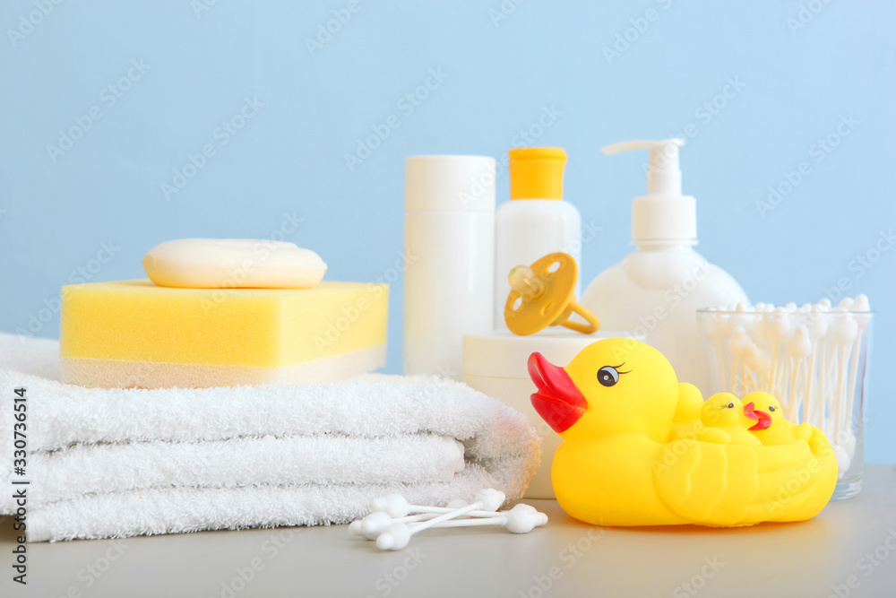Baby care products on the table. Daily baby care products for skin care, for bathing. Baby care products on the table. Daily baby care products for skin care, for bathing.